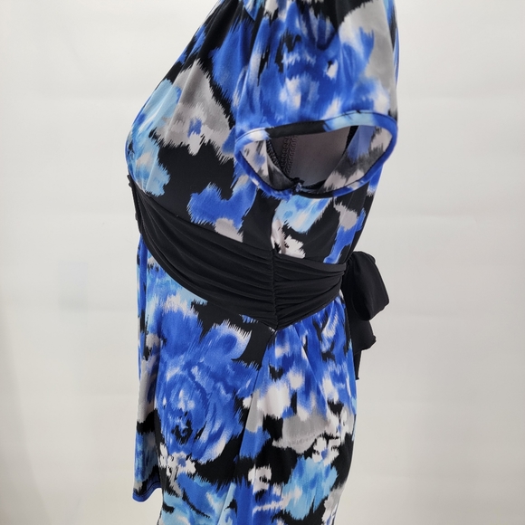 Maurices V Neck Blouse Top Blue Black Geometric Pattern Belted Shirt Stretch - Picture 5 of 8